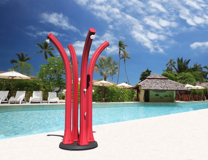 The cherry color HAPPY FIVE solar shower by ARKEMA DESIGN by the pool